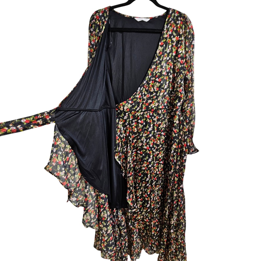 Lauren Conrad Black Floral Pleated Wrap Midi Dress XL Boho Shimmer Cottagecore - Picture 4 of 11